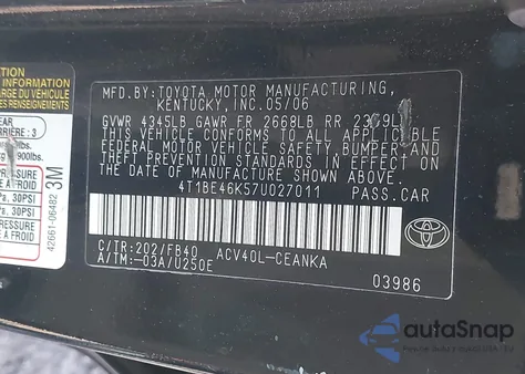 2007 Toyota Camry Le z USA, uszkodzony, nr VIN 4T1BE46K57U027011